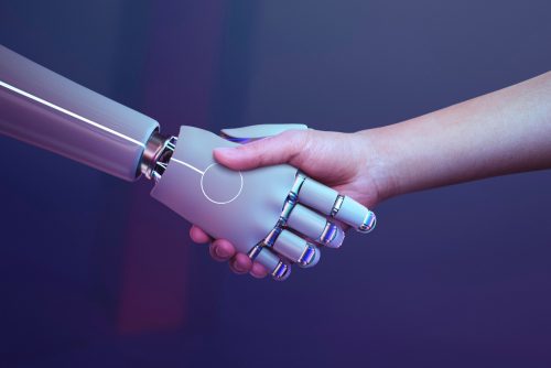 robot handshake human background futuristic digital age scaled