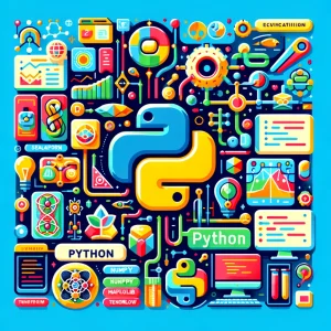 DALL·E 2024 05 04 12.40.35 A vibrant and educational graphic illustrating the use of Python in artificial intelligence. The image should depict an engaging learning environment