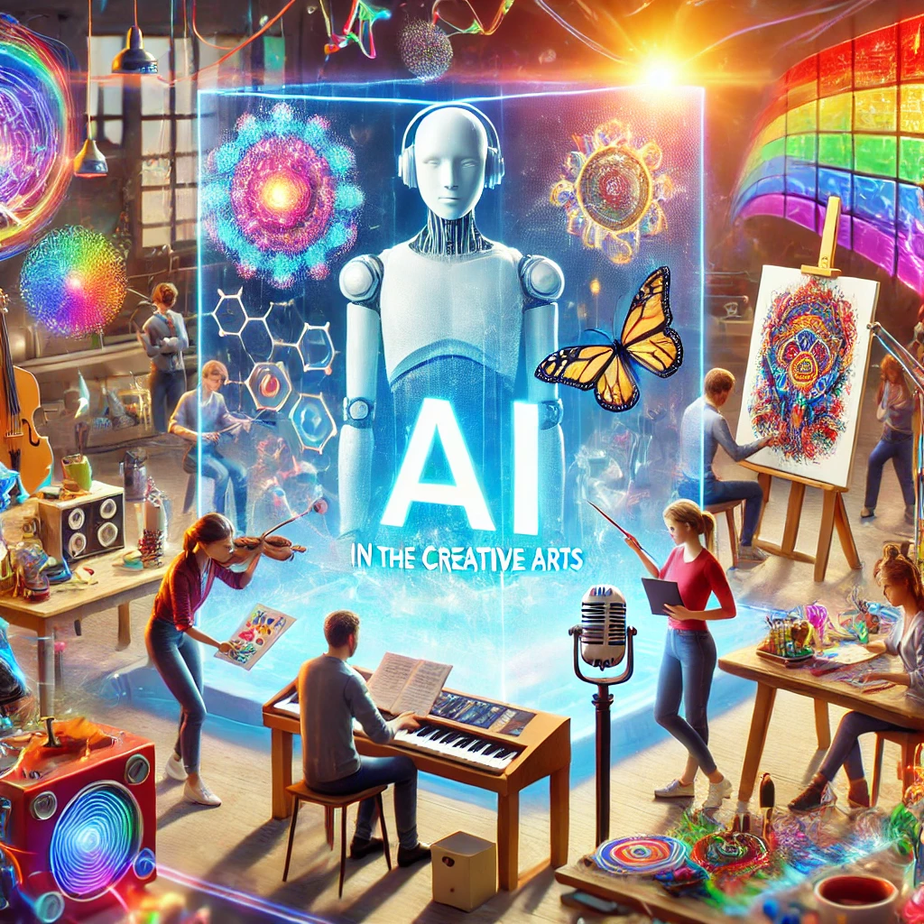 DALL·E 2024 07 03 13.00.41 A vibrant and imaginative scene depicting AI in the Creative Arts. The image includes artists in a modern studio interacting with AI technology. Ho