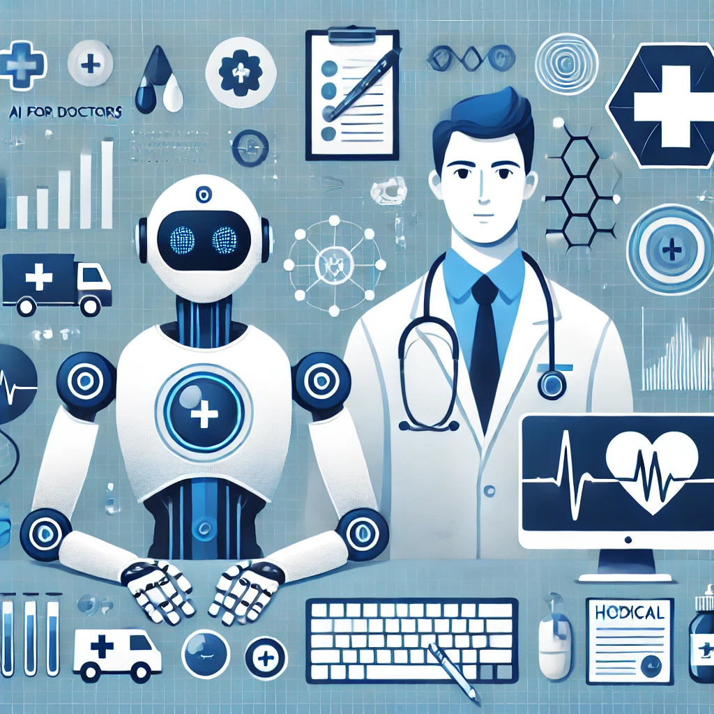 DALL·E 2024 07 15 14.49.31 A professional and clear illustration representing AI for doctors. The image features a sophisticated AI robot and a doctor in a lab coat interactin