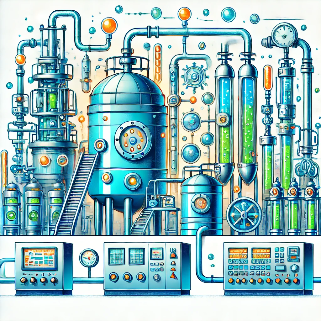 DALL·E 2024 08 08 13.44.59 A bright and vibrant illustration depicting industrial chemical bioprocessing in industrial biotechnology. The image includes elements such as bioreac