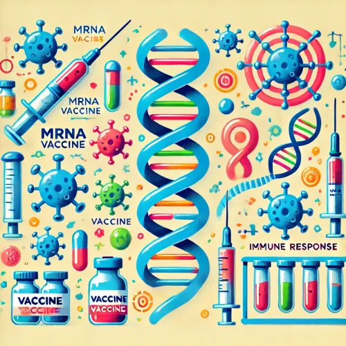 DALL·E 2024 08 08 14.57.14 An illustration depicting the process of mRNA vaccine development. The image should include elements such as mRNA strands vaccine vials syringes an scaled