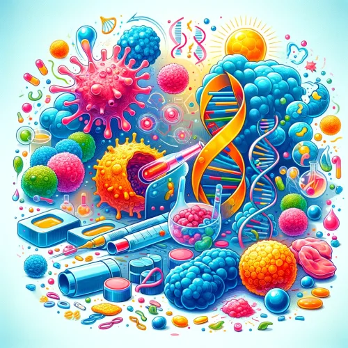 DALL·E 2024 08 08 15.00.36 An illustration depicting various aspects of cancer biology. The image should include elements such as cancer cells DNA mutations and cellular proce scaled