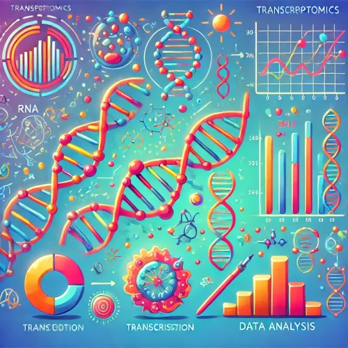 DALL·E 2024 08 08 15.03.34 An illustration depicting transcriptomics including elements like RNA sequences transcription processes and data analysis charts. It should be brig scaled