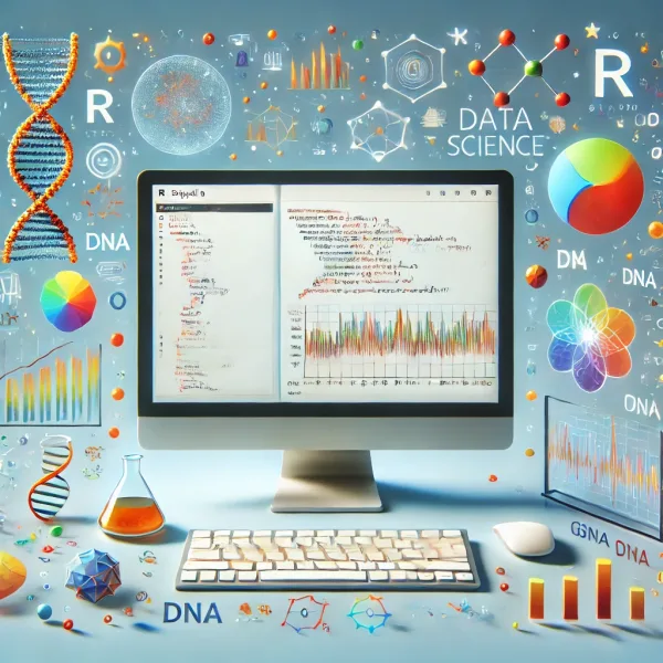 DALL·E 2024 09 09 12.06.45 A vibrant image showcasing R programming for data analytics in bioinformatics with no background. The focus is on a clean white space with a bright scaled