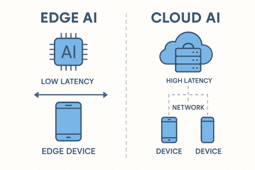 Infographic comparing Edge AI and Cloud AI data-flow and latency