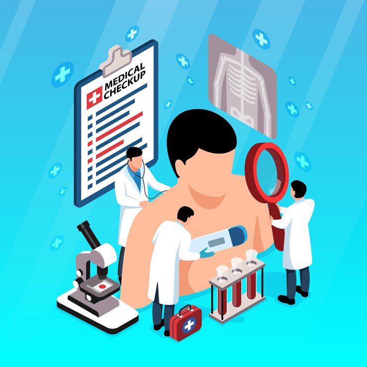 medical checkup isometric composition with lab equipment tiny doctors examining man with magnifi